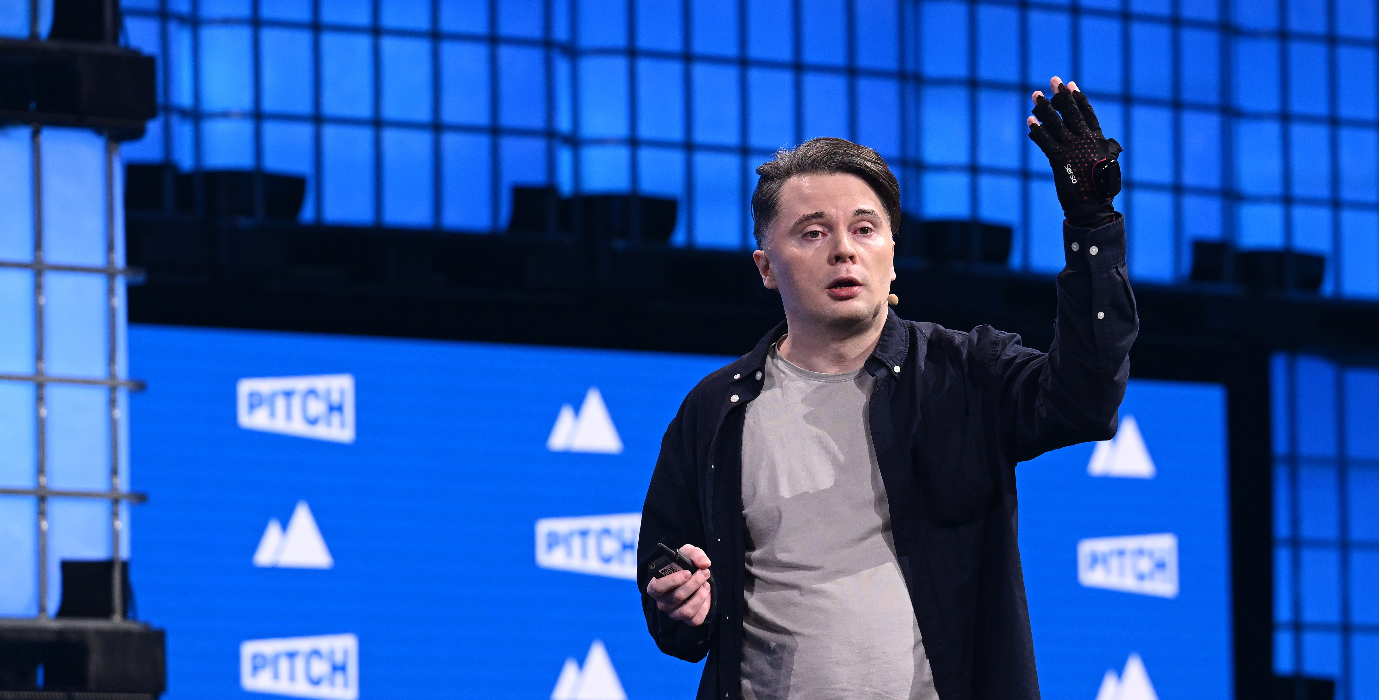 Dmitriy Vasilyev CBDO & Co-founder of Cognimate Inc presents on Centre Stage during the Pitch Final on day three of Web Summit 2023 at the Altice Arena in Lisbon