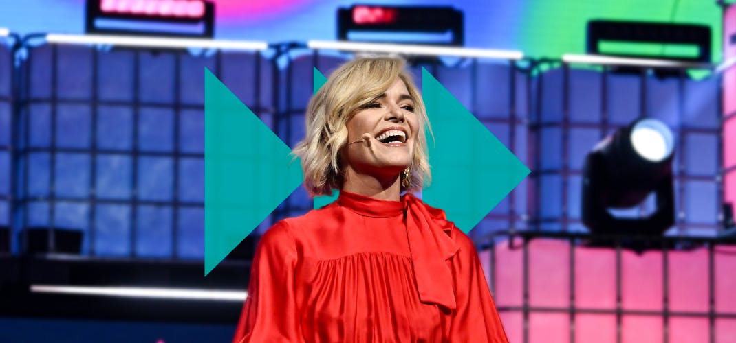 An image of Katherine Maher, CEO, Web Summit. Katherine is smiling and appears to be speaking on Centre Stage at Web Summit 2023.